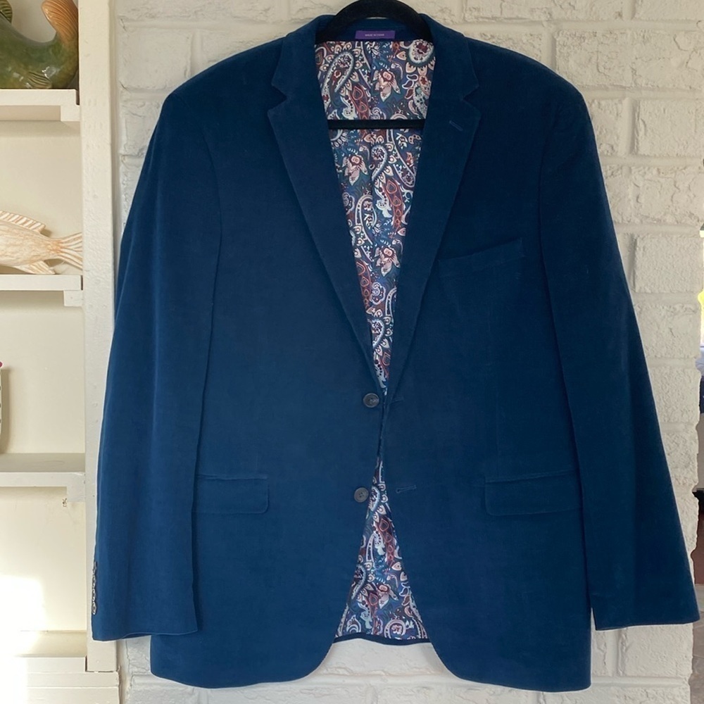 Navy Blue Paisley Lined Alan Flusser Whale Corduroy Size Large Sport Coat